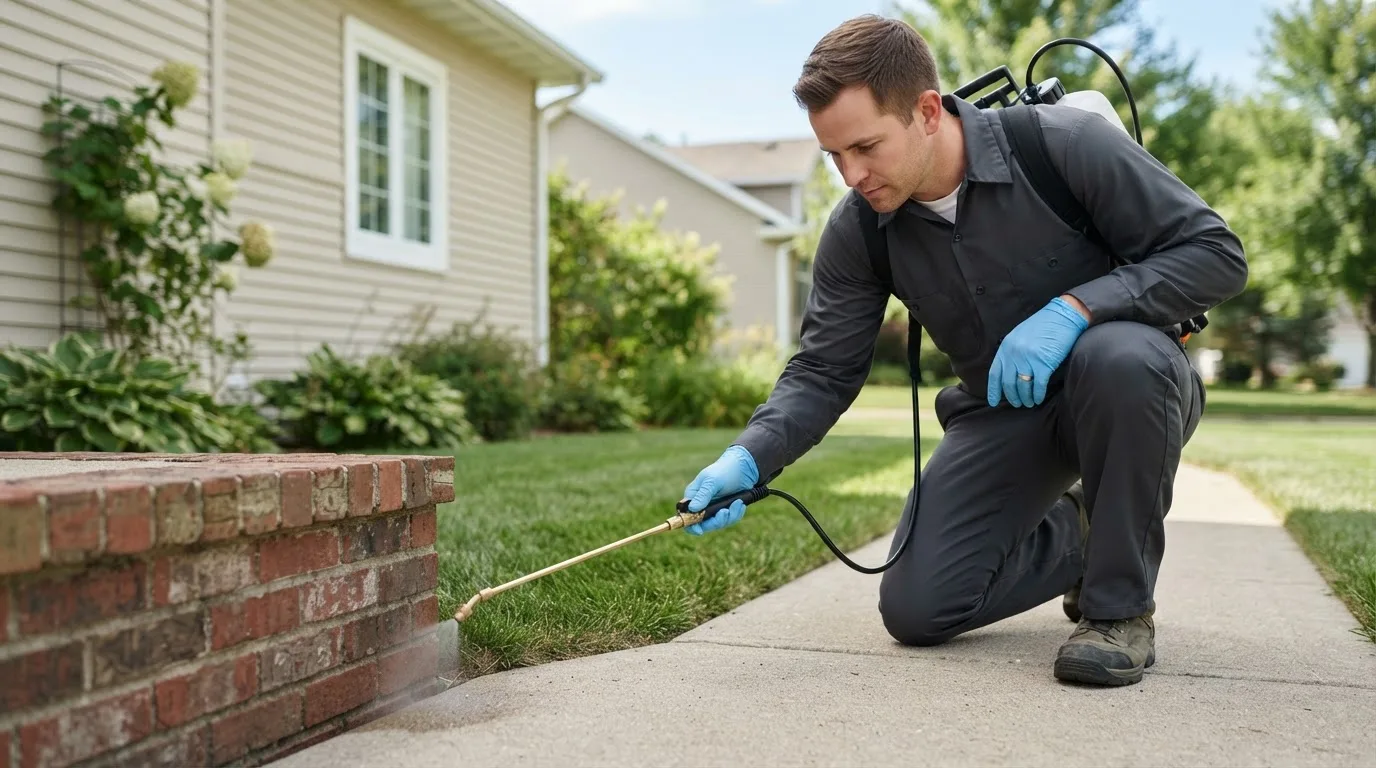 Pest control technician treating a home near Magnolia Springs, AL